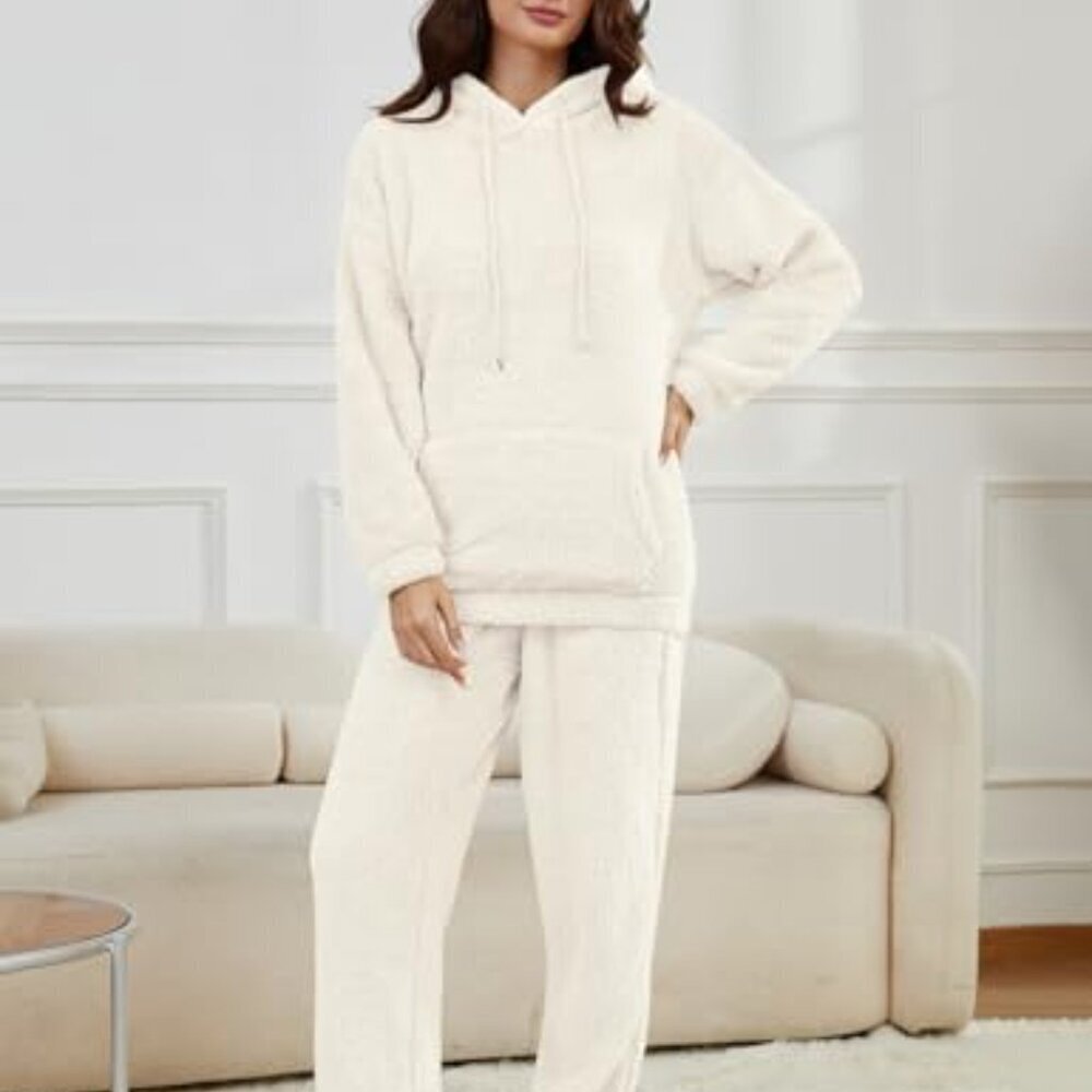 Fleece Pajama Set Cozy Loungewear Hoodie Pants Fuzzy Sleepwear Oversized Chic - Picture 5 of 8